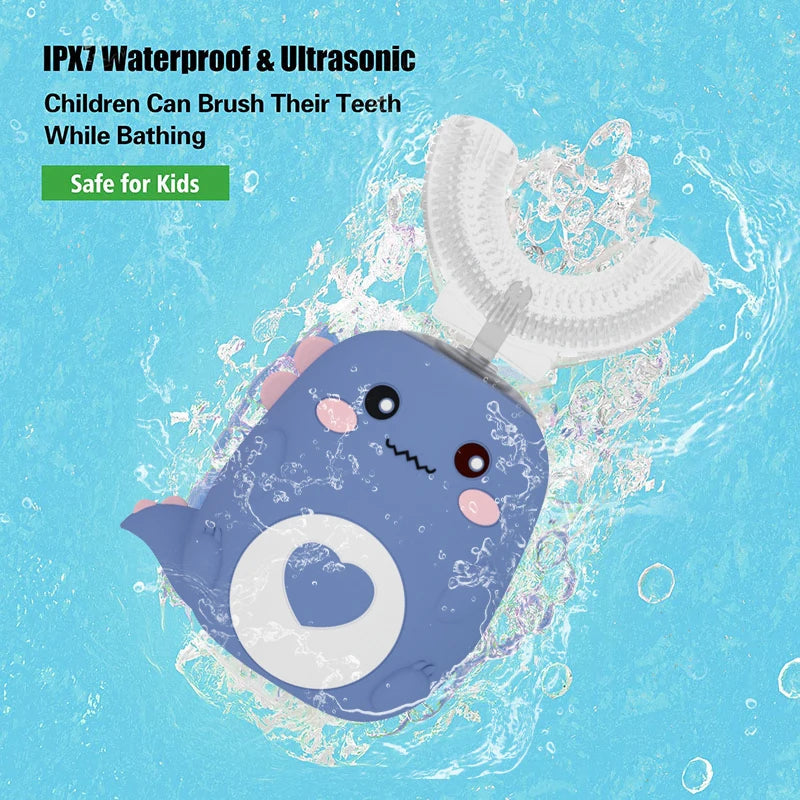 Brosse à Dents Électrique Enfant U-Shape 360° Dino – Silicone Doux | KIARAURA